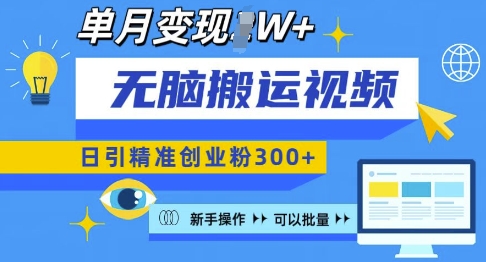 无脑搬运视频号可批量复制，新手即可操作，日引精准创业粉300+，月变现过W 【揭秘】-Xiaobei云