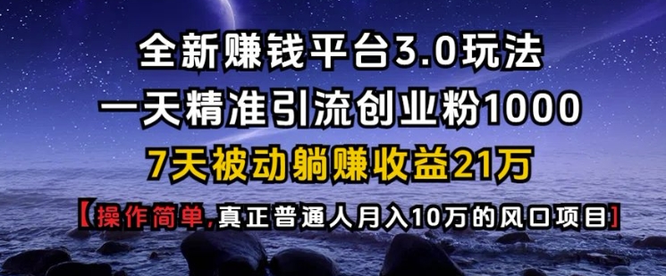 全新赚钱平台3.0玩法一天精准引流创业粉1000.7天被动躺Z收益21W【仅揭秘】-Xiaobei云