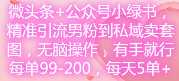 微头条+公众号小绿书，精准引流男粉到私域卖套图，无脑操作，有手就行，每单99-200，每天5单-Xiaobei云